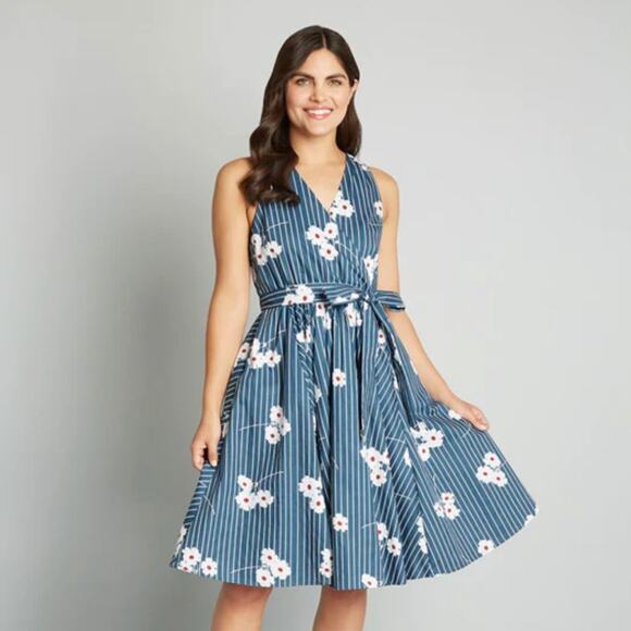 MODCLOTH Instant Energy Faux-Wrap Dress Blue Floral Stripe {3K51} - Picture 1 of 6